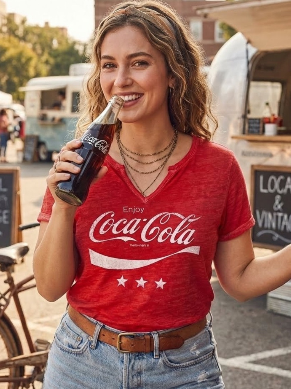 Coca-Cola Classic Red Graphic T-Shirt V-Neck White Script Coke Large/XL Casual